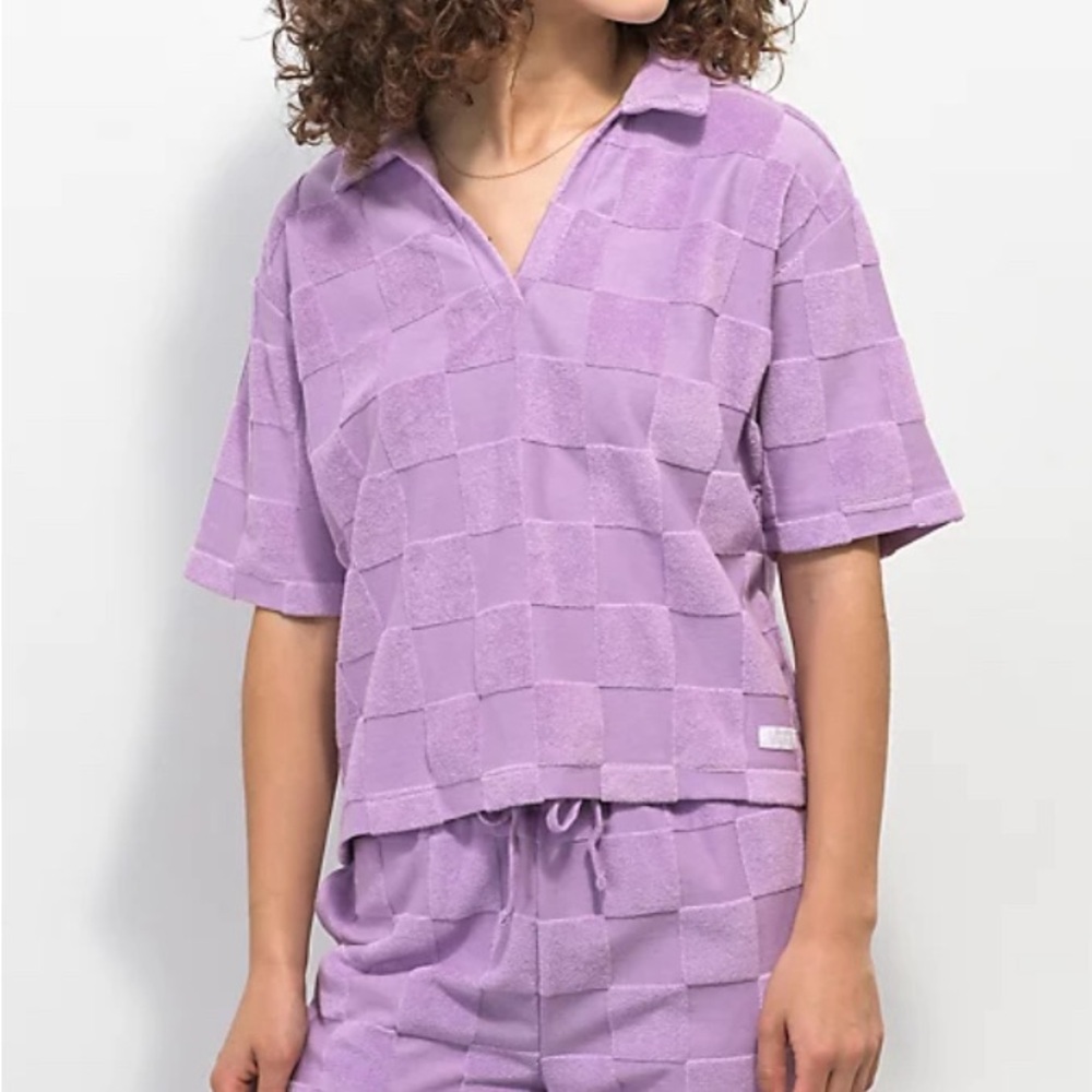 Vans Teri V Neck Lavender Purple Checkered Terry Cloth Polo Shirt | Medium
